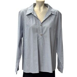 Womens Blue White Striped Button Up Blouse Long Sleeve Collared Back Slit Cotton